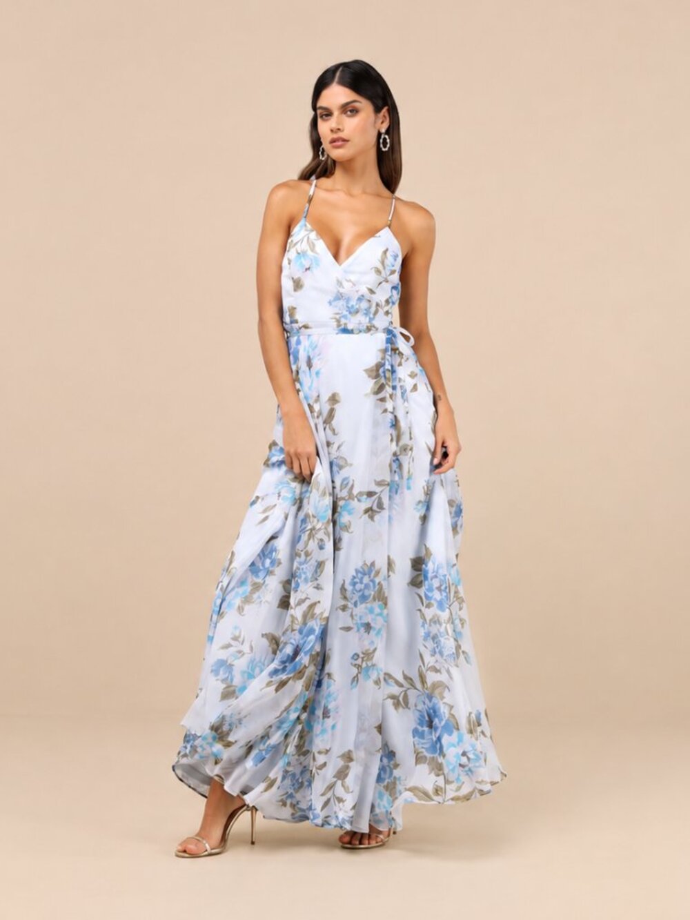 Oh-So Romantic Pale Blue Floral Print Sleeveless Wrap Maxi Dress Lulus